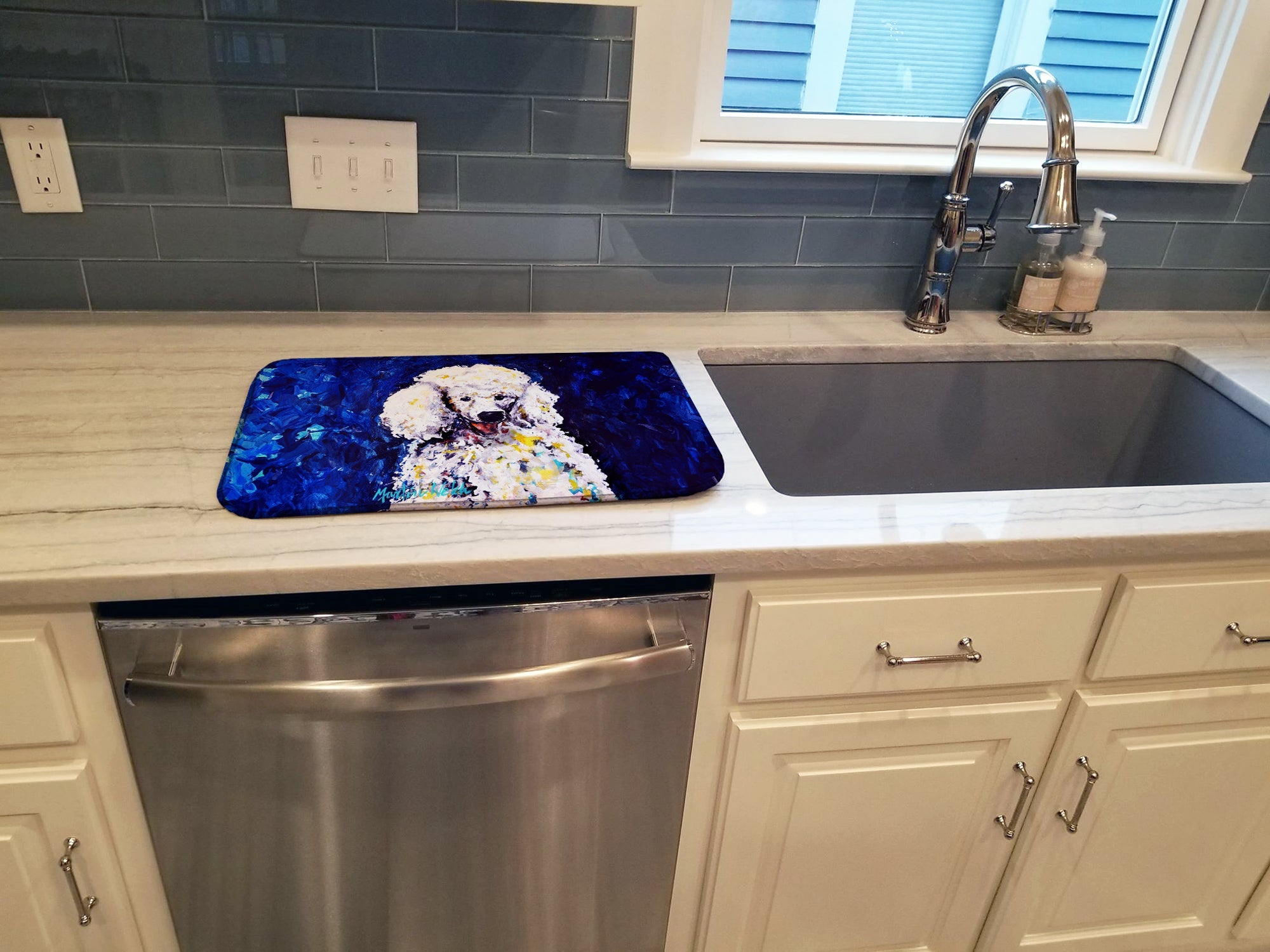 Louie White Poodle Dish Drying Mat Absorbent Dish Drying Mat Pad for Kitchen Counter Dish Drainer Mat for Countertop, 14 x 21", Multicolor