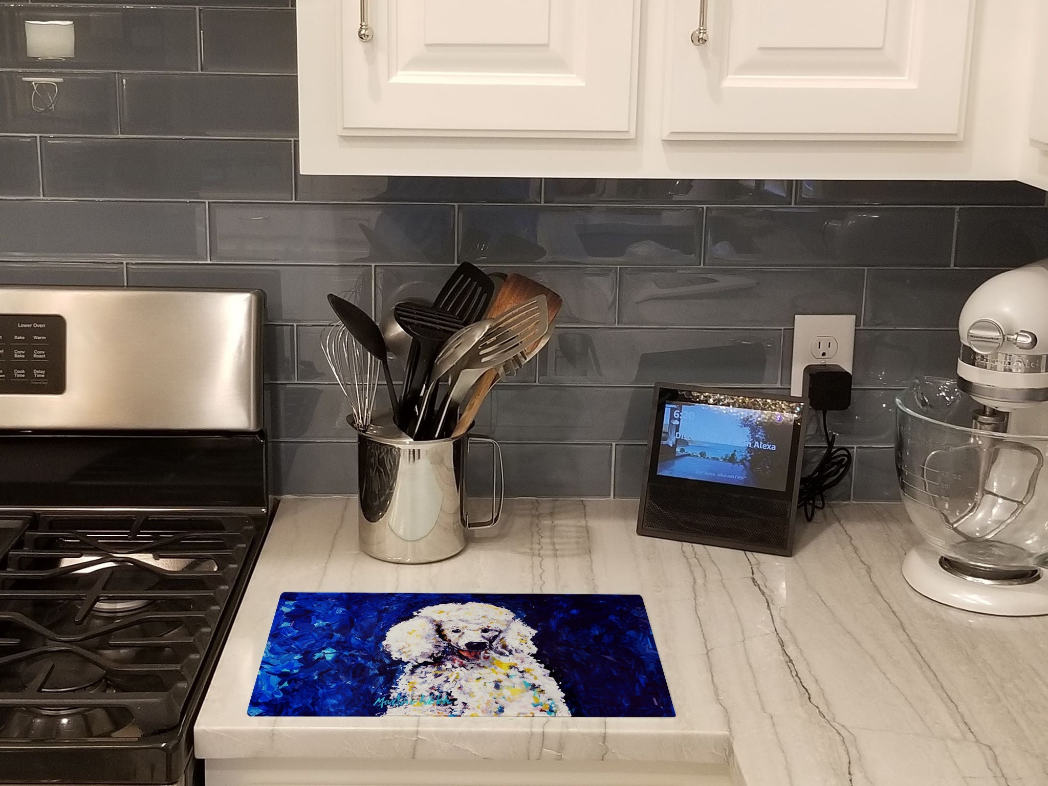 Louie White Poodle Cutting Board Tempered Glass Kitchen Cutting Surface, Heat Resistant Chopping, Non-Slip Feet, Food Prep & Serving