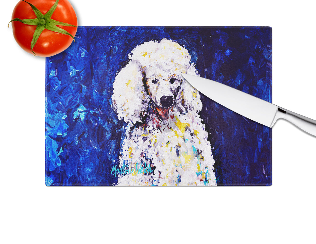 Louie White Poodle Cutting Board Tempered Glass Kitchen Cutting Surface, Heat Resistant Chopping, Non-Slip Feet, Food Prep & Serving