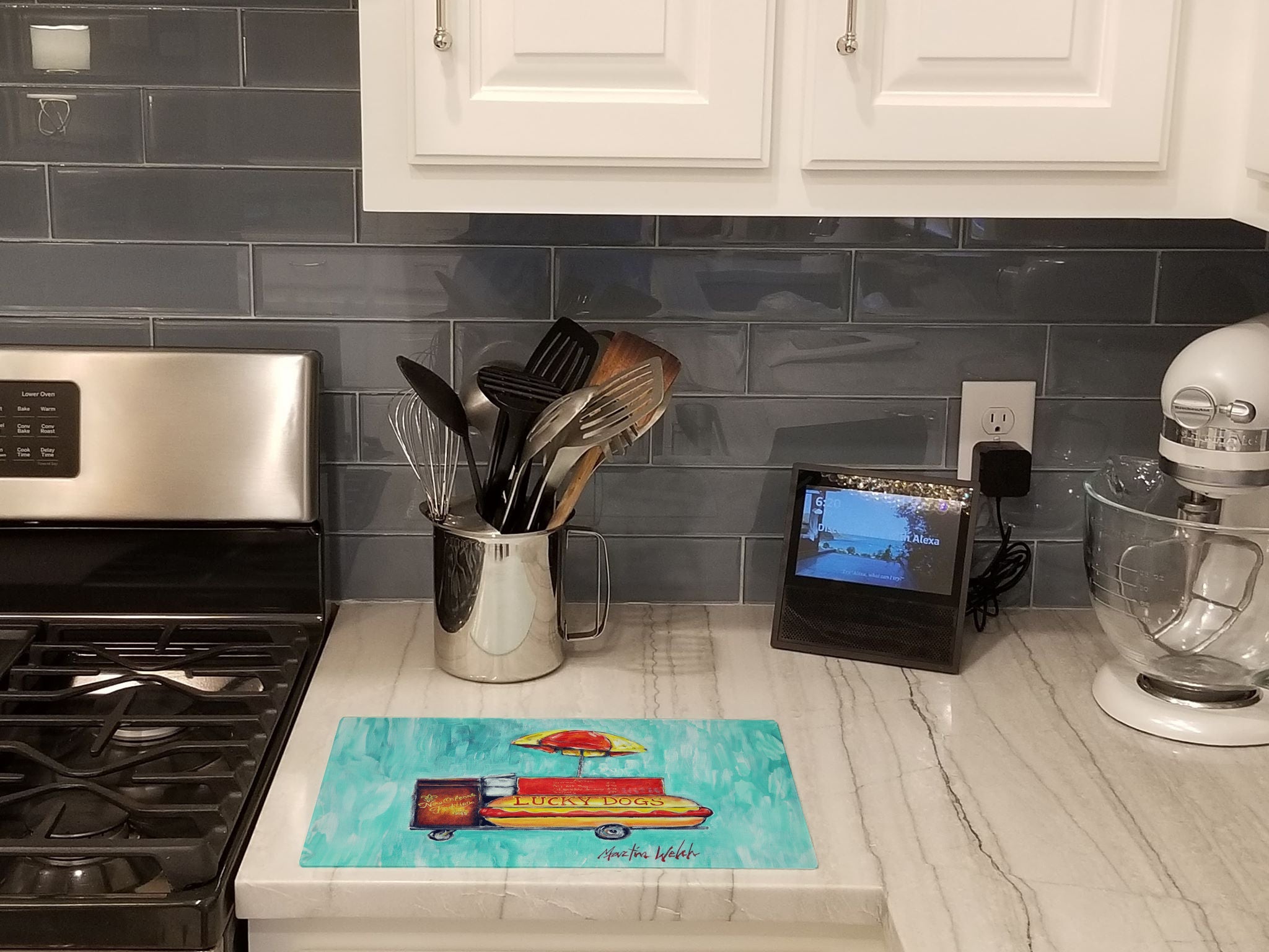 Hot Dog Cart Cutting Board Tempered Glass Kitchen Cutting Surface, Heat Resistant Chopping, Non-Slip Feet, Food Prep & Serving