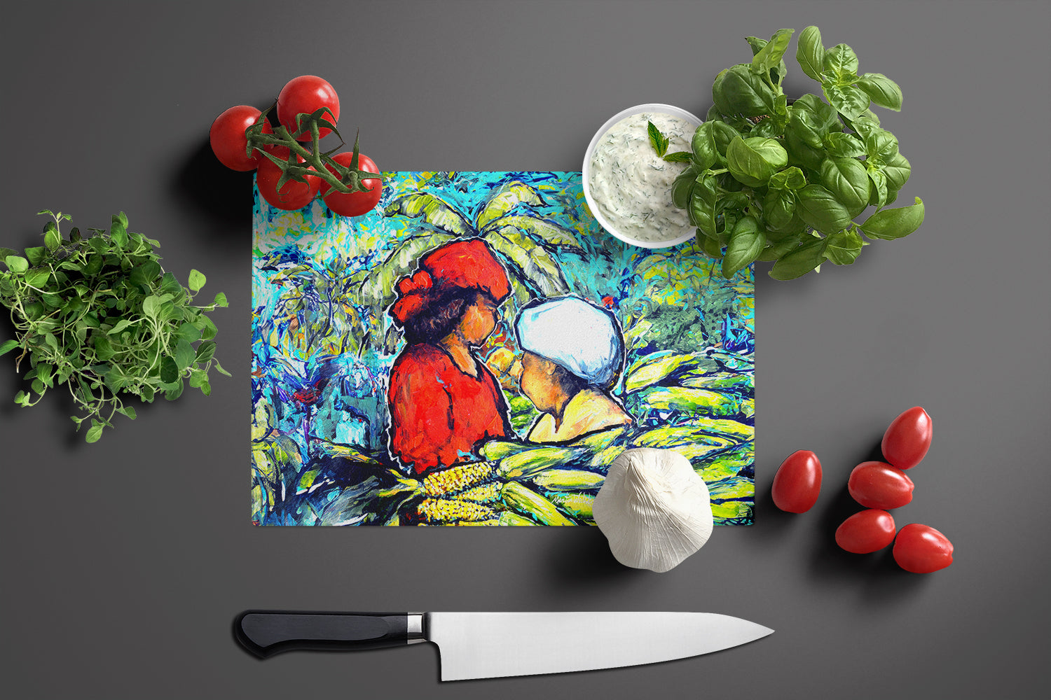 Market Day Cutting Board Tempered Glass Kitchen Cutting Surface, Heat Resistant Chopping, Non-Slip Feet, Food Prep & Serving