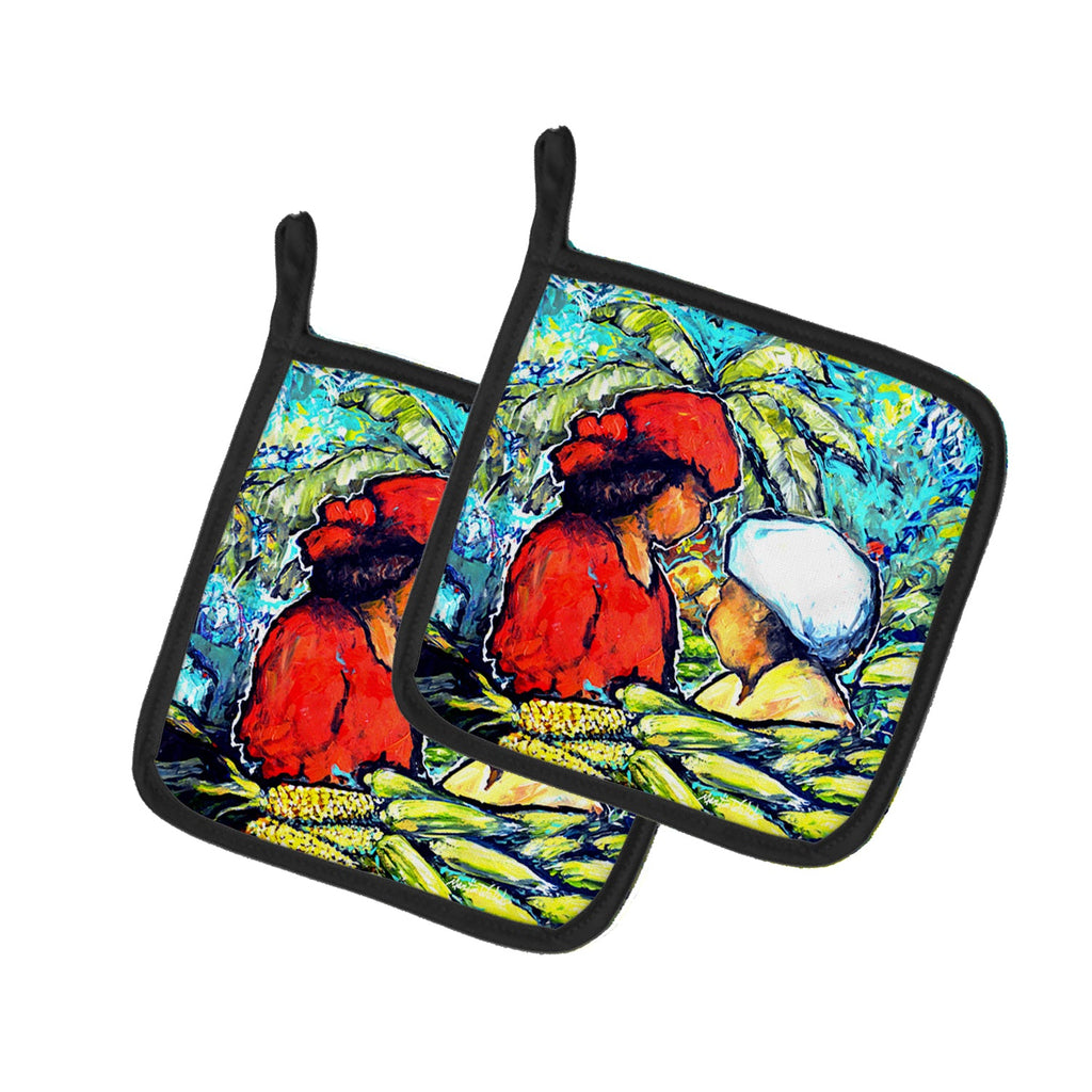 Market Day Pot Holder Set of 2 Heat Resistant Quilted Hot Pads 7.5 x 7.5 Inch, Insulated Kitchen Trivets for Cooking & Baking
