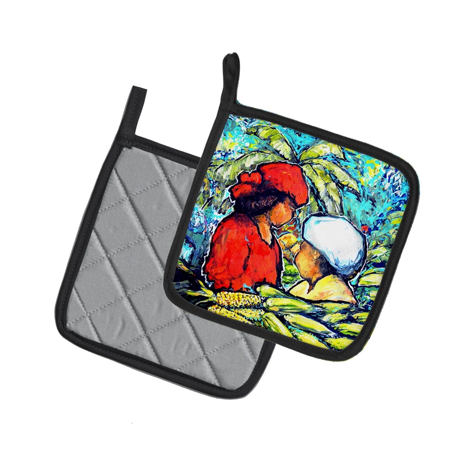 Market Day Pot Holder Set of 2 Heat Resistant Quilted Hot Pads 7.5 x 7.5 Inch, Insulated Kitchen Trivets for Cooking & Baking