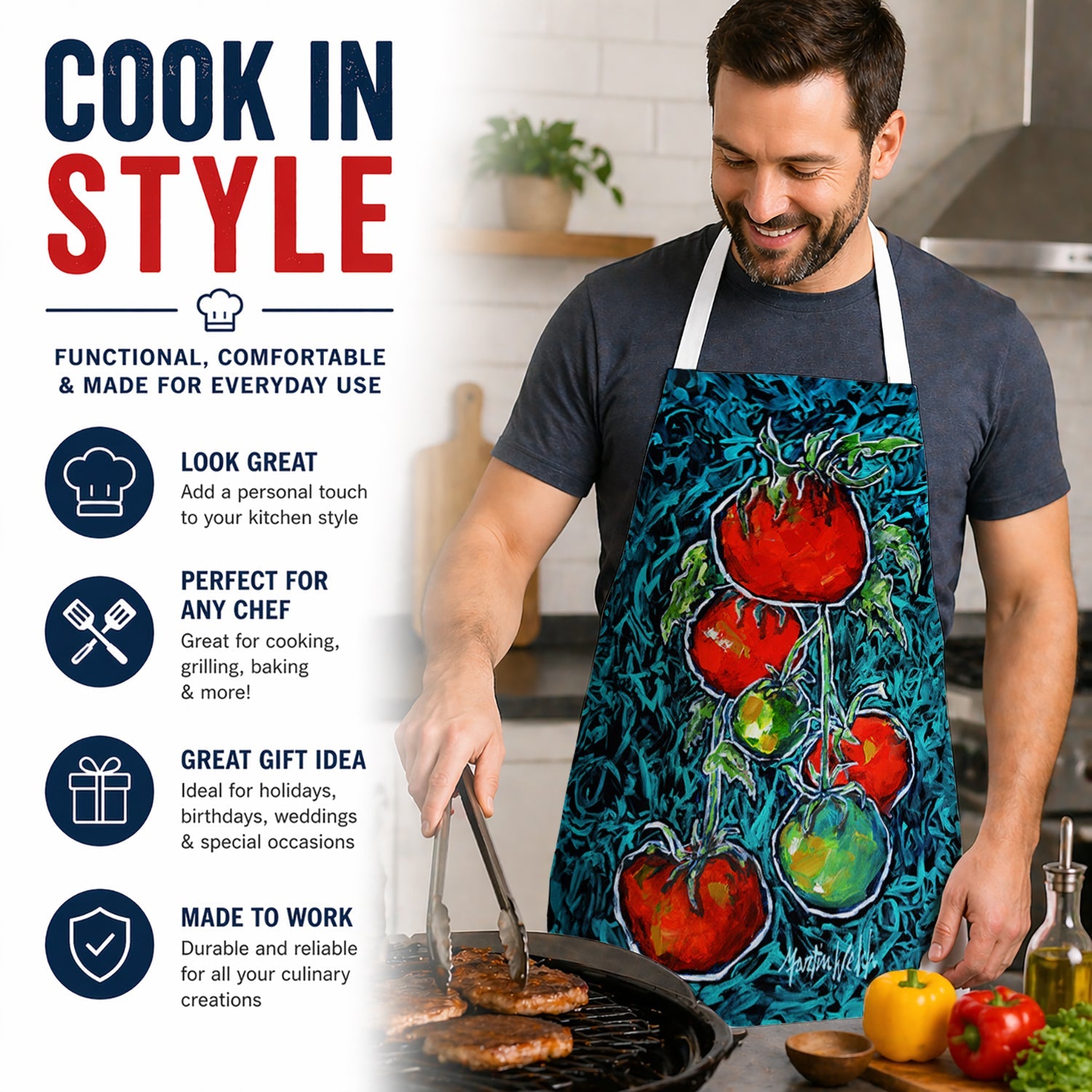 Maters Tomatoes Apron Cooking Kitchen Server Baking Crafts Gardening for Adult Women Men, Unisex, Large, Multicolor