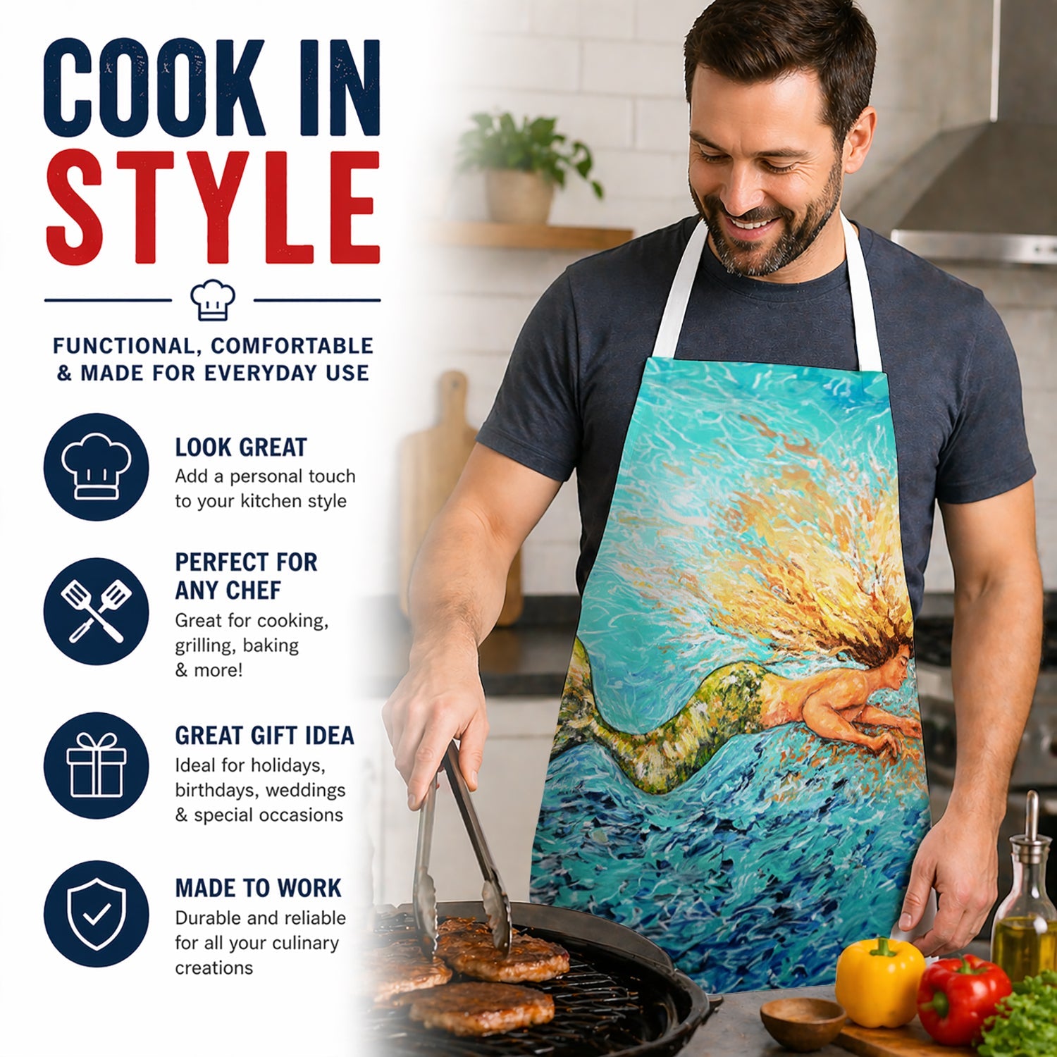 Mermaid After Your Heart Apron Cooking Kitchen Server Baking Crafts Gardening for Adult Women Men, Unisex, Large, Multicolor