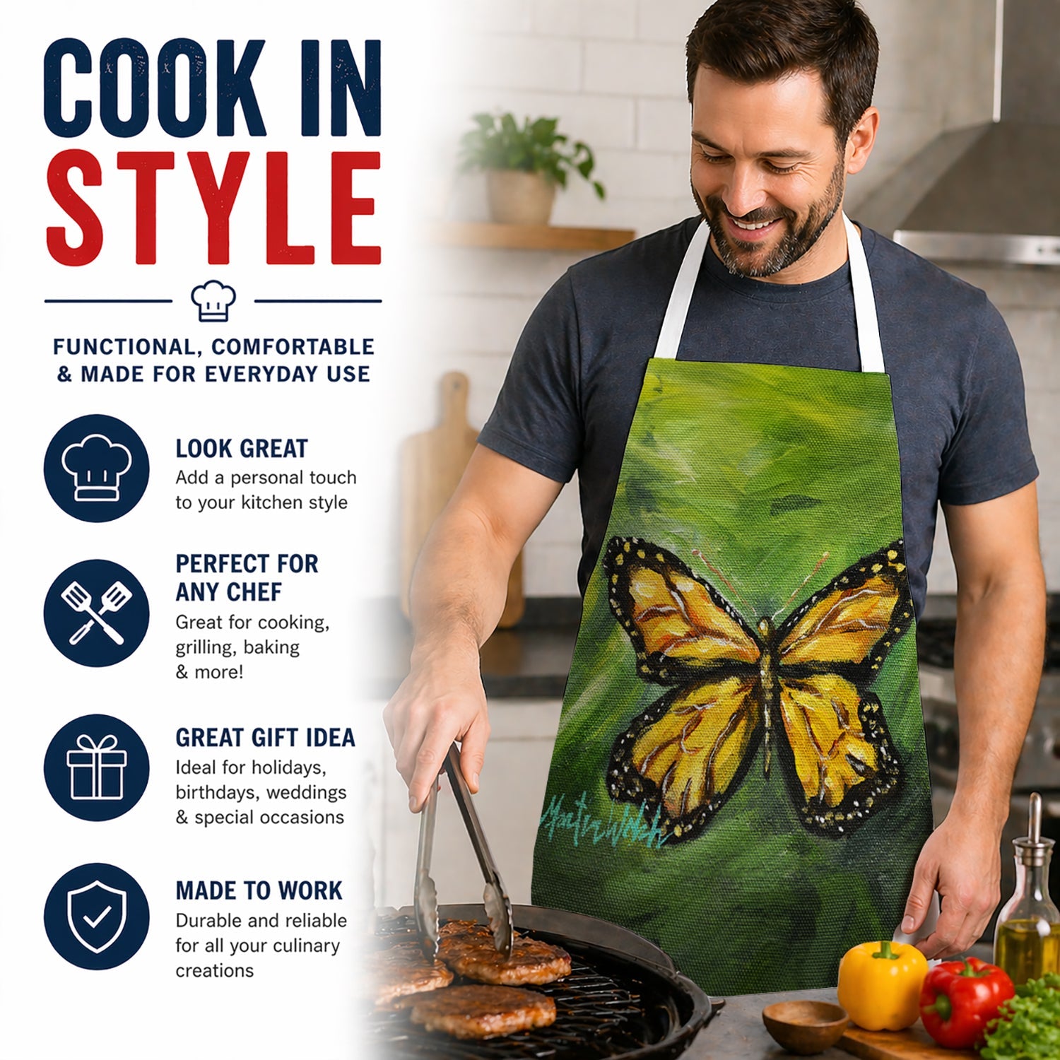 Monarch Glover Fly Butterfly Apron Cooking Kitchen Server Baking Crafts Gardening for Adult Women Men, Unisex, Large, Multicolor