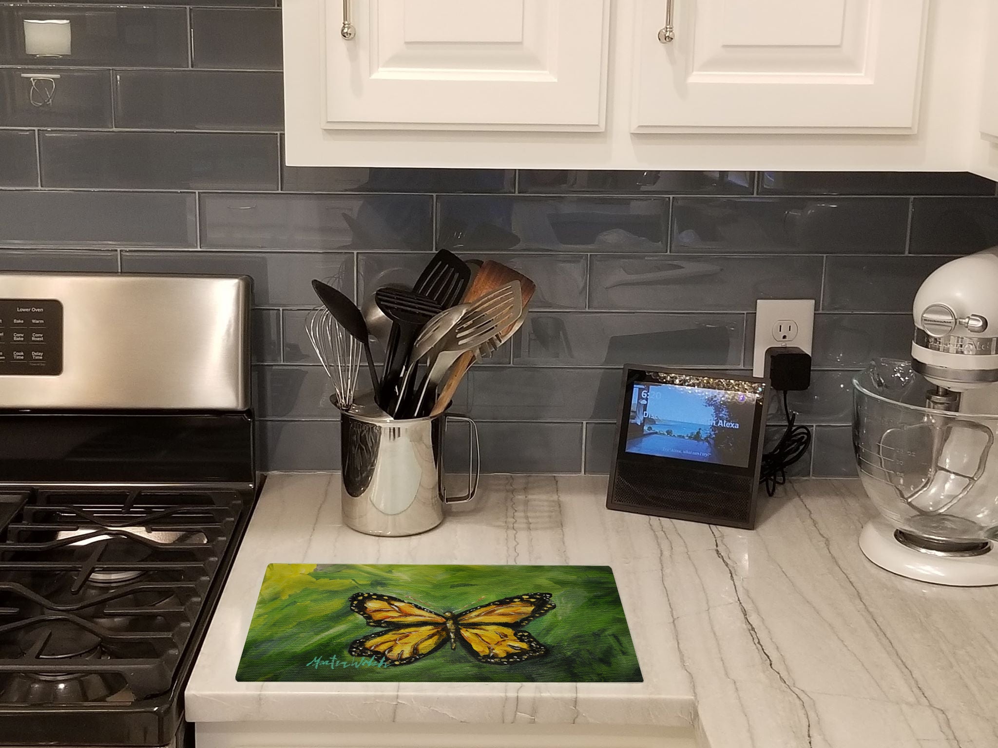 Monarch Glover Fly Butterfly Cutting Board Tempered Glass Kitchen Cutting Surface, Heat Resistant Chopping, Non-Slip Feet, Food Prep & Serving