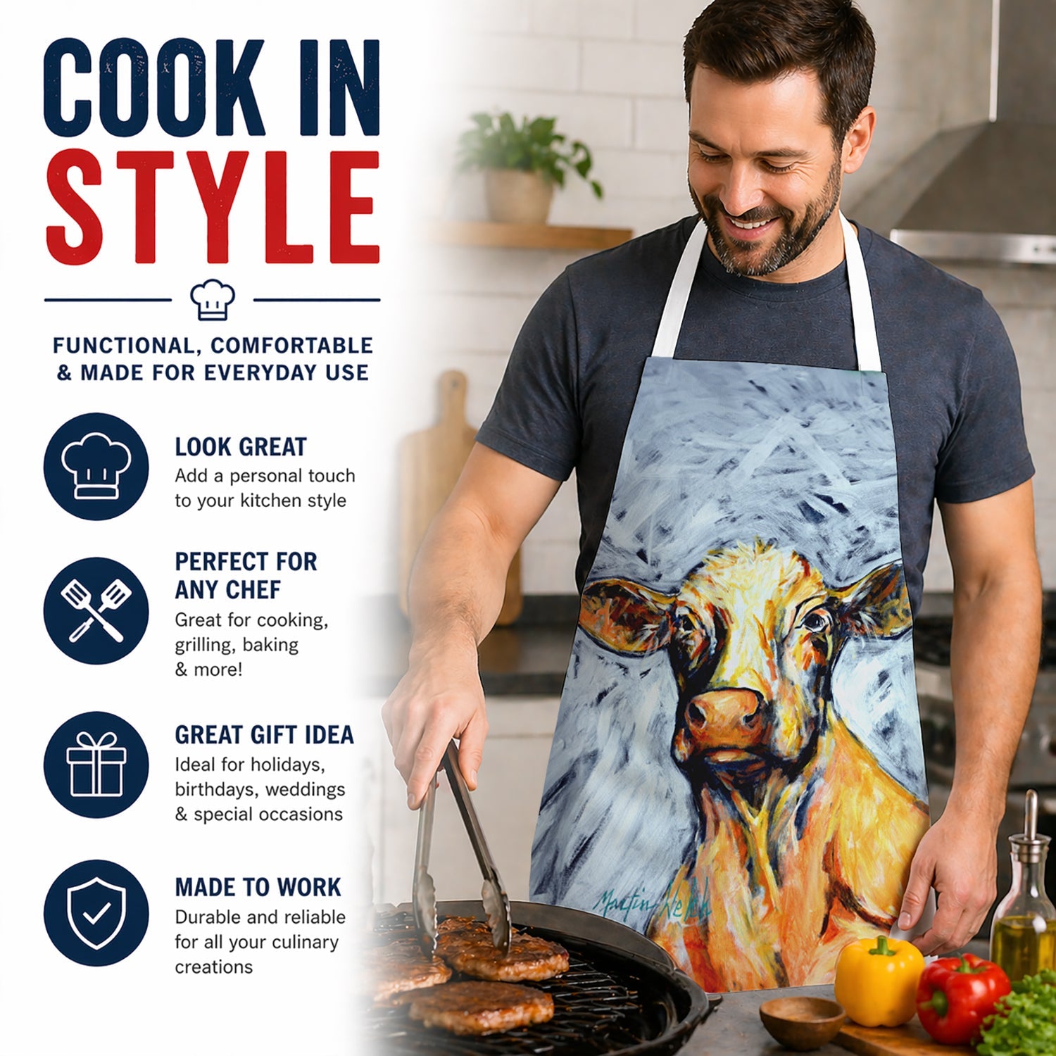Moo Cow Apron Cooking Kitchen Server Baking Crafts Gardening for Adult Women Men, Unisex, Large, Multicolor