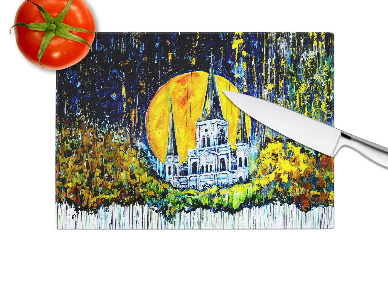 Moonlight Shadows Cutting Board Tempered Glass Kitchen Cutting Surface, Heat Resistant Chopping, Non-Slip Feet, Food Prep & Serving