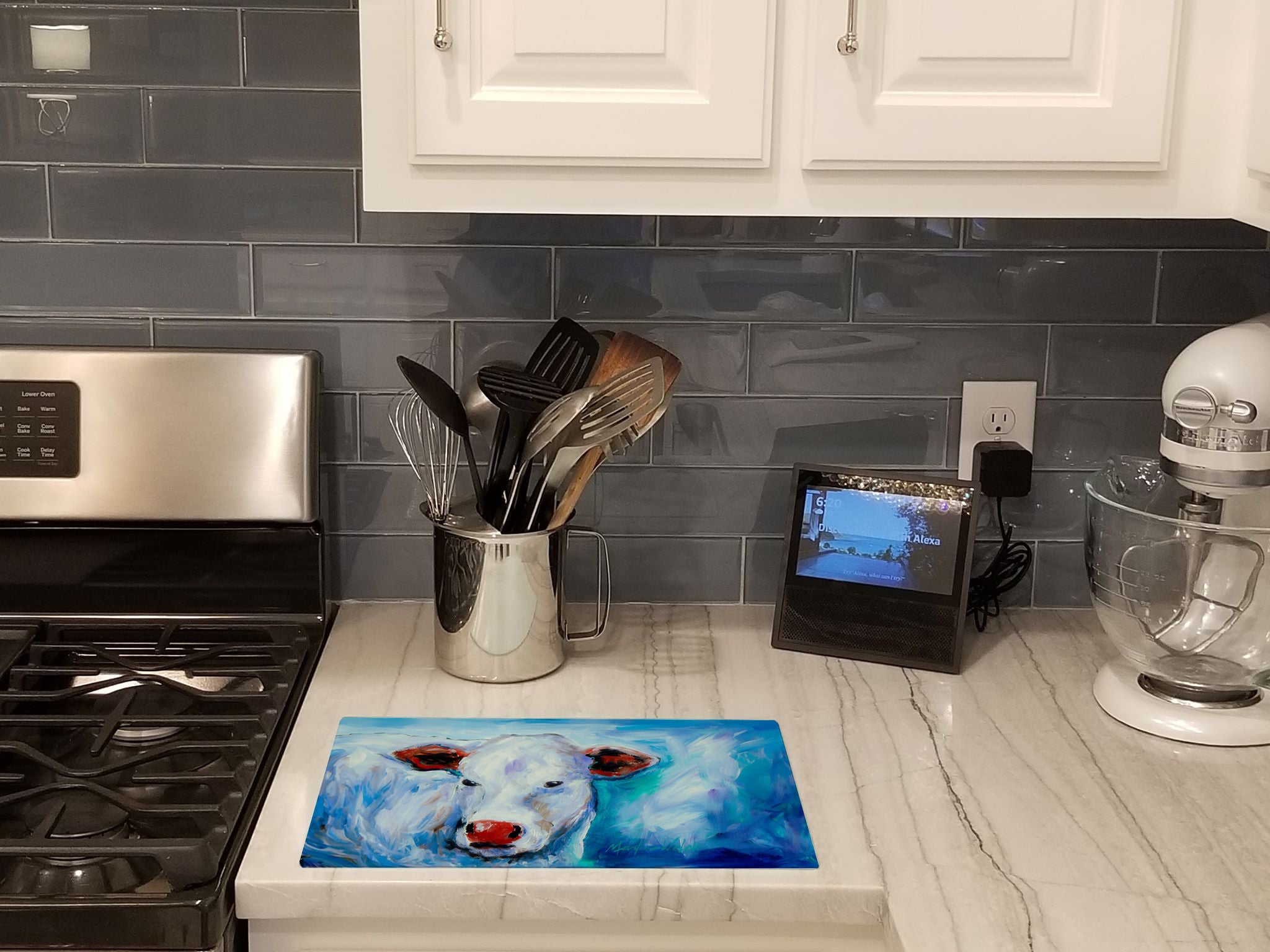 Move Over Cow Cutting Board Tempered Glass Kitchen Cutting Surface, Heat Resistant Chopping, Non-Slip Feet, Food Prep & Serving