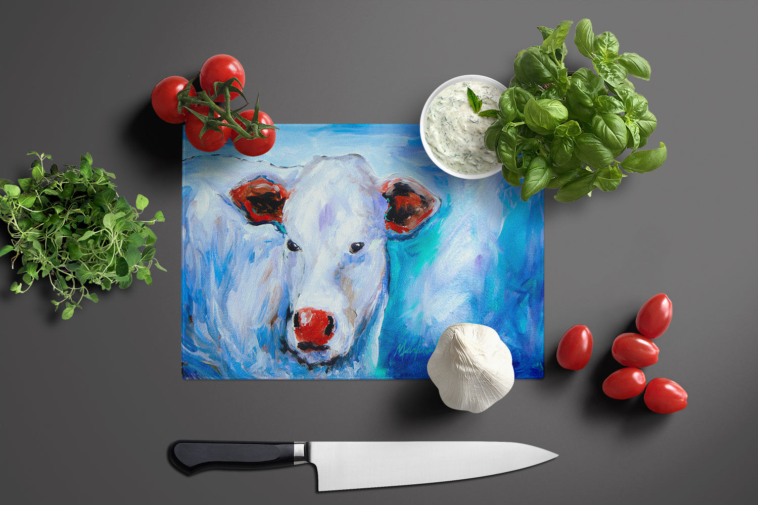 Move Over Cow Cutting Board Tempered Glass Kitchen Cutting Surface, Heat Resistant Chopping, Non-Slip Feet, Food Prep & Serving