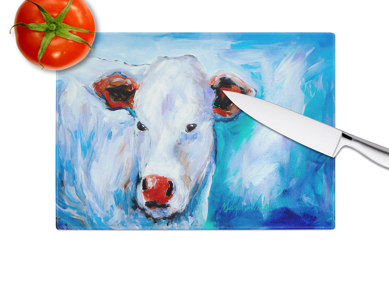 Move Over Cow Cutting Board Tempered Glass Kitchen Cutting Surface, Heat Resistant Chopping, Non-Slip Feet, Food Prep & Serving