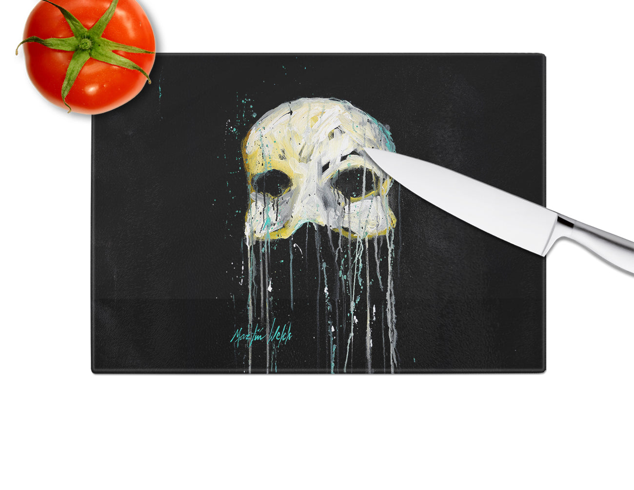 Mysterious Mask Cutting Board Tempered Glass Kitchen Cutting Surface, Heat Resistant Chopping, Non-Slip Feet, Food Prep & Serving