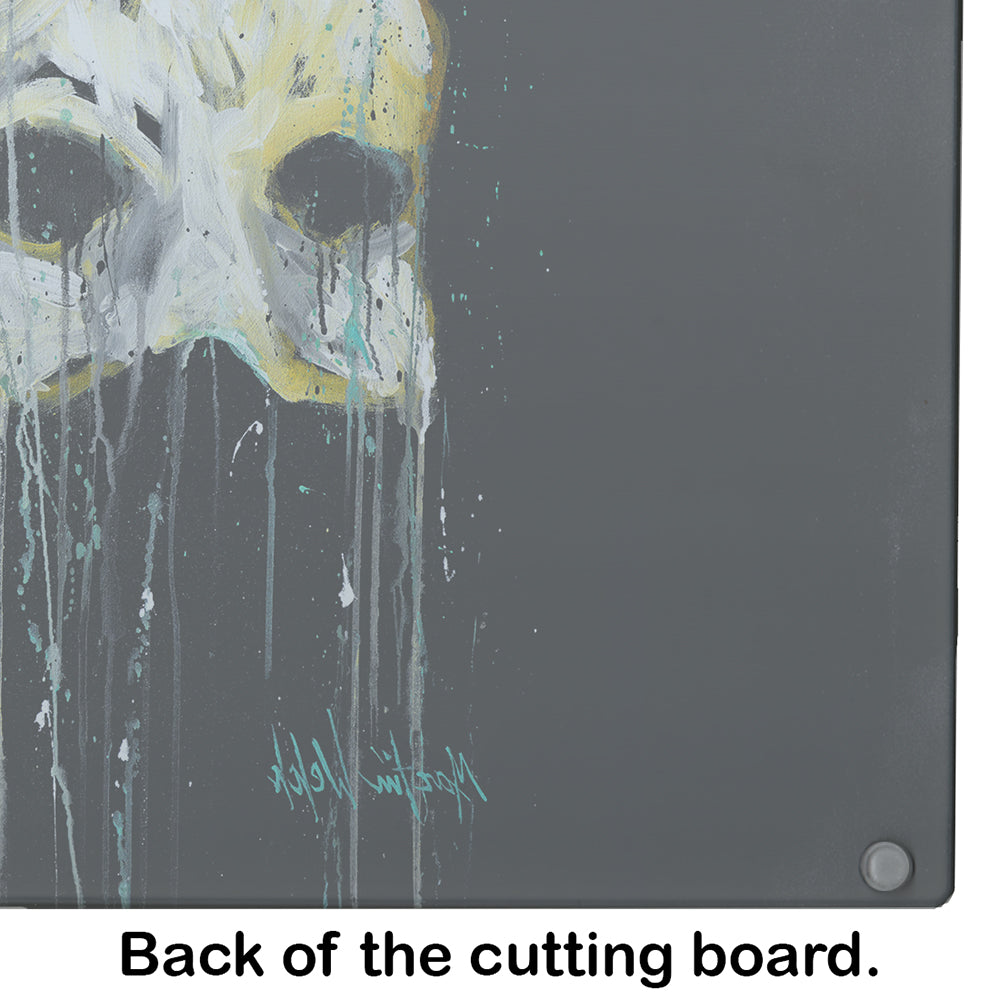 Mysterious Mask Cutting Board Tempered Glass Kitchen Cutting Surface, Heat Resistant Chopping, Non-Slip Feet, Food Prep & Serving
