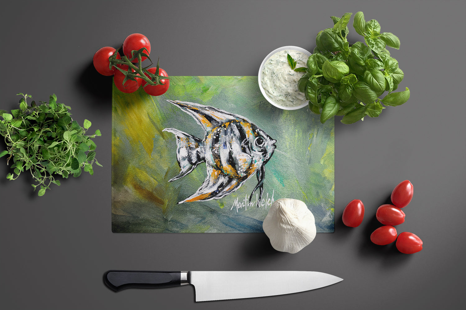 Nancys Fish Cutting Board Tempered Glass Kitchen Cutting Surface, Heat Resistant Chopping, Non-Slip Feet, Food Prep & Serving