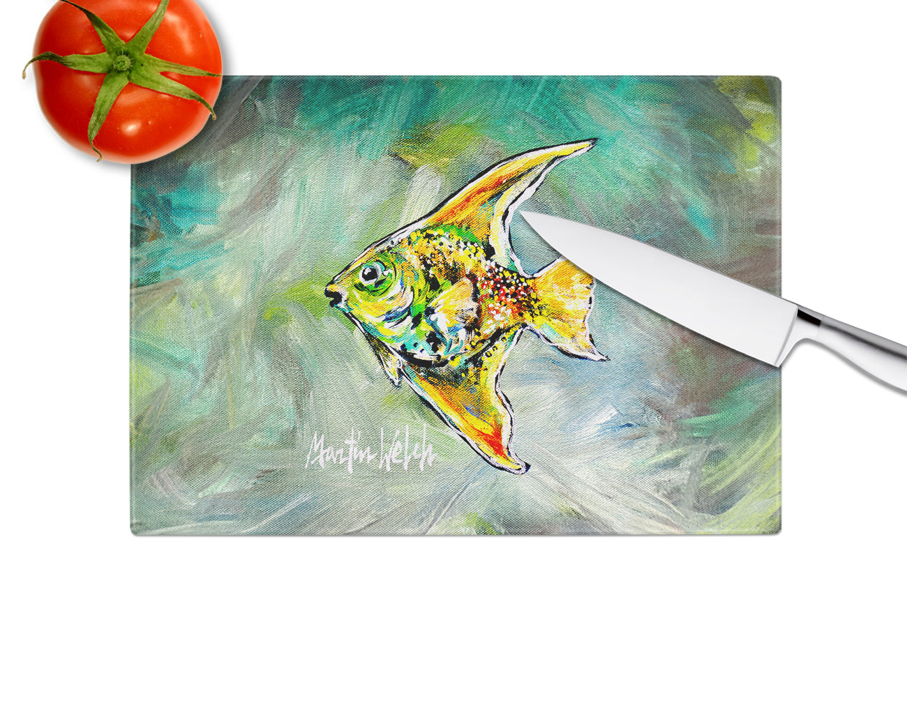 Nancys Other Fish Cutting Board Tempered Glass Kitchen Cutting Surface, Heat Resistant Chopping, Non-Slip Feet, Food Prep & Serving