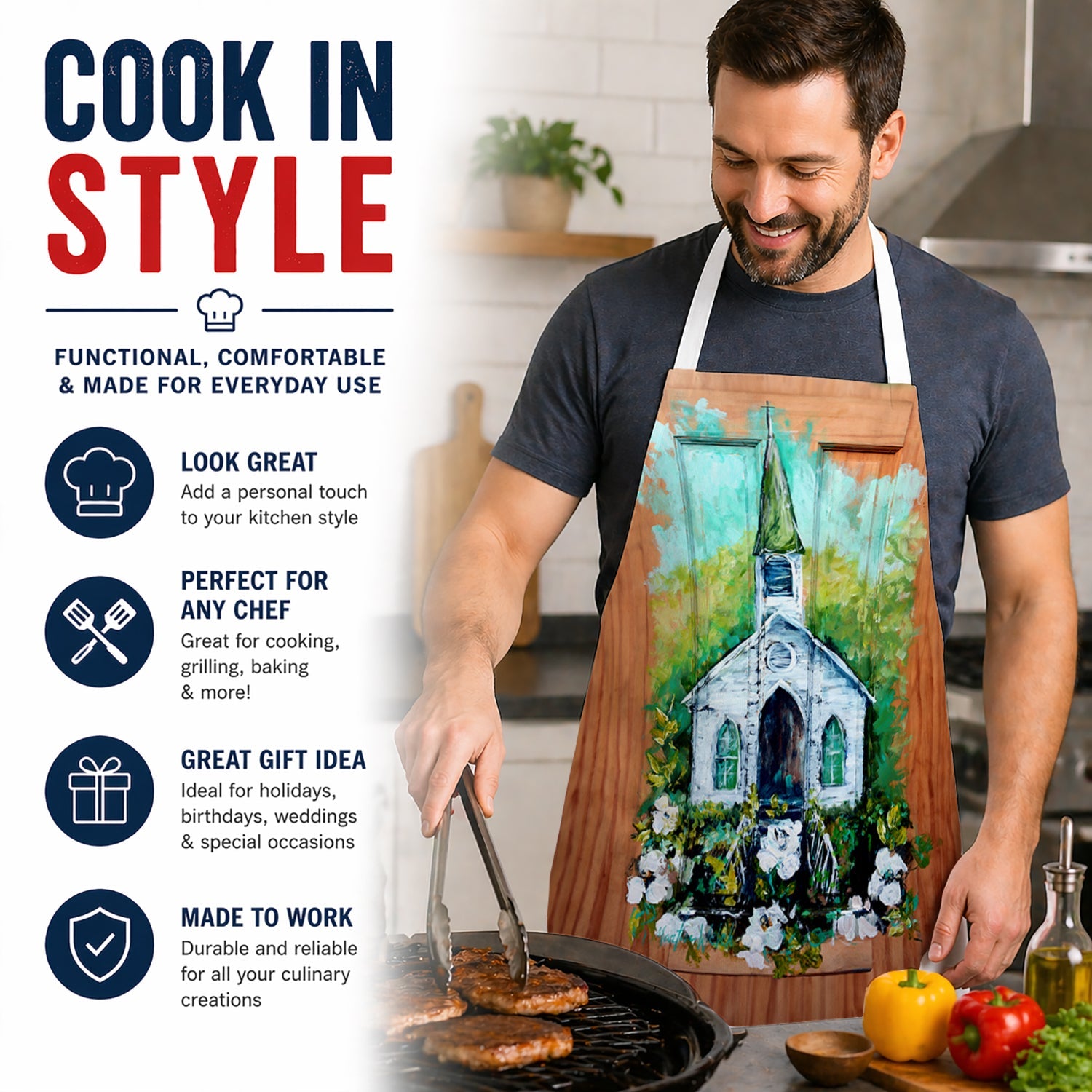 Nostalgic Zion AME  Apron Cooking Kitchen Server Baking Crafts Gardening for Adult Women Men, Unisex, Large, Multicolor