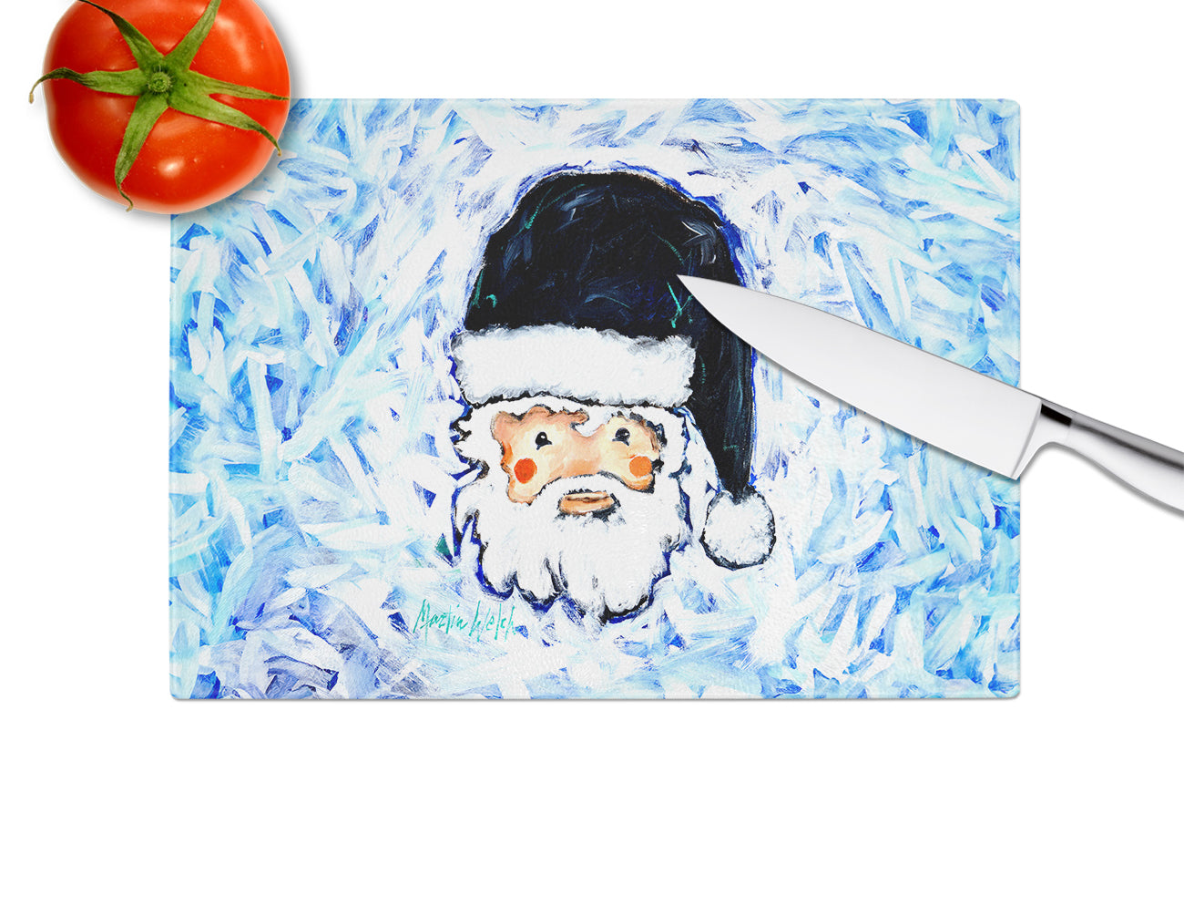 Novena Blue Santa Claus Cutting Board Tempered Glass Kitchen Cutting Surface, Heat Resistant Chopping, Non-Slip Feet, Food Prep & Serving
