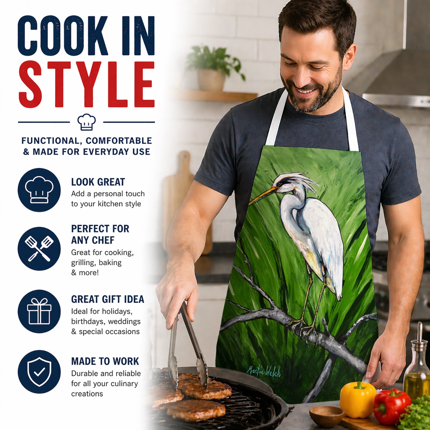 Heron On A Limb Apron Cooking Kitchen Server Baking Crafts Gardening for Adult Women Men, Unisex, Large, Multicolor