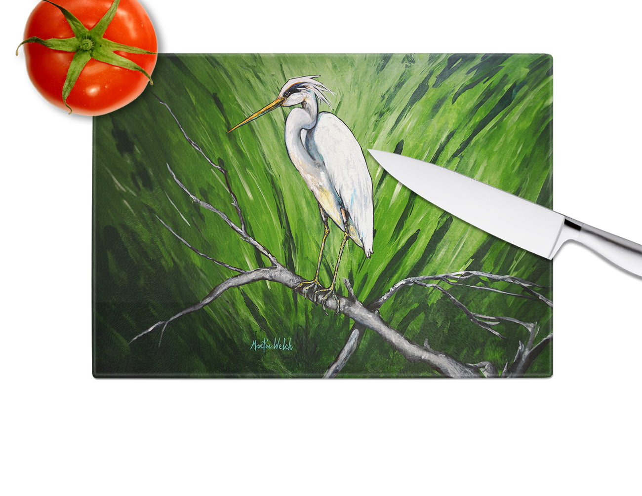 Heron On A Limb Cutting Board Tempered Glass Kitchen Cutting Surface, Heat Resistant Chopping, Non-Slip Feet, Food Prep & Serving