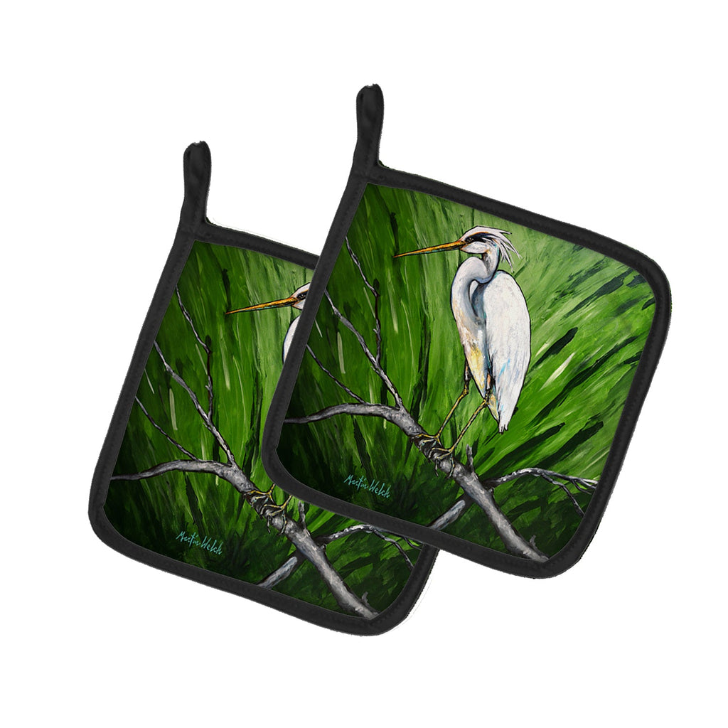 Heron On A Limb Pot Holder Set of 2 Heat Resistant Quilted Hot Pads 7.5 x 7.5 Inch, Insulated Kitchen Trivets for Cooking & Baking