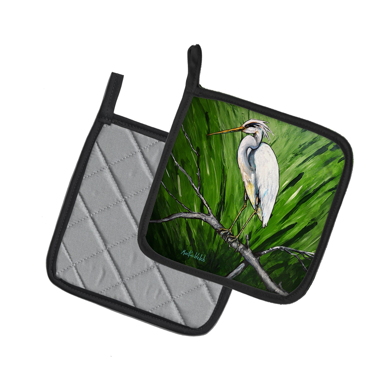 Heron On A Limb Pot Holder Set of 2 Heat Resistant Quilted Hot Pads 7.5 x 7.5 Inch, Insulated Kitchen Trivets for Cooking & Baking