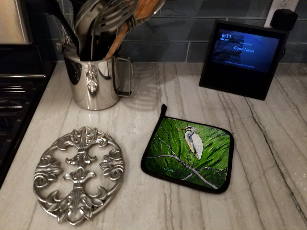 Heron On A Limb Pot Holder Set of 2 Heat Resistant Quilted Hot Pads 7.5 x 7.5 Inch, Insulated Kitchen Trivets for Cooking & Baking