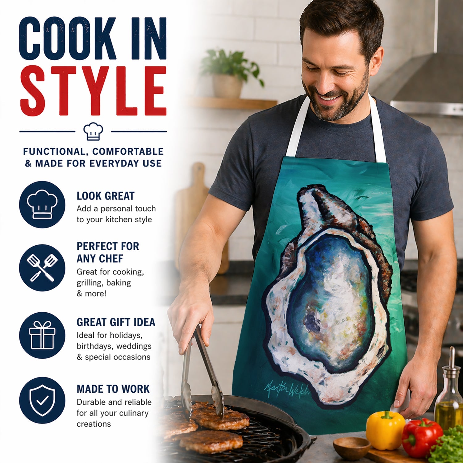 One Shell Oyster Apron Cooking Kitchen Server Baking Crafts Gardening for Adult Women Men, Unisex, Large, Multicolor