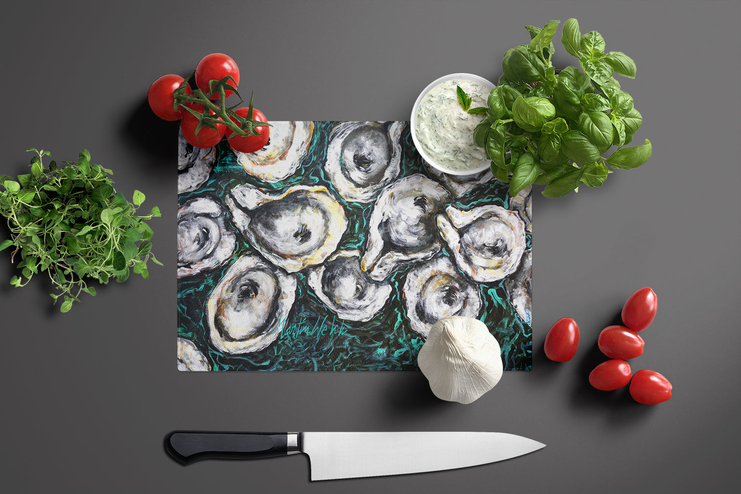 Oyster Lily Cutting Board Tempered Glass Kitchen Cutting Surface, Heat Resistant Chopping, Non-Slip Feet, Food Prep & Serving