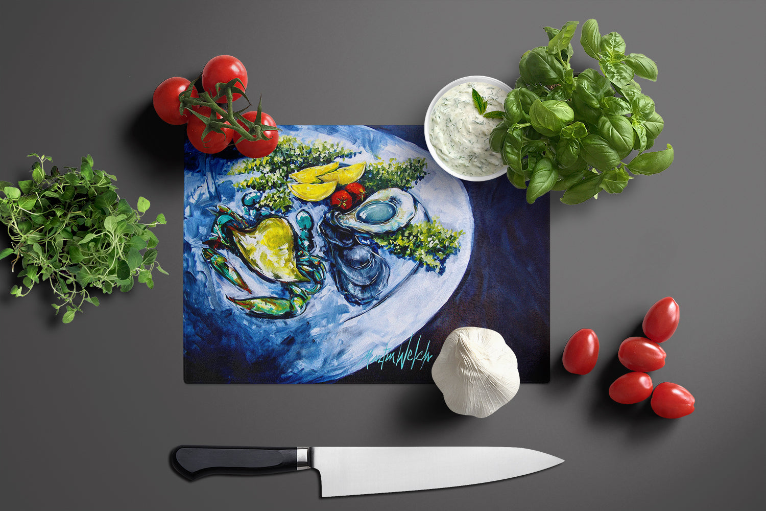 Oyster Plate Cutting Board Tempered Glass Kitchen Cutting Surface, Heat Resistant Chopping, Non-Slip Feet, Food Prep & Serving