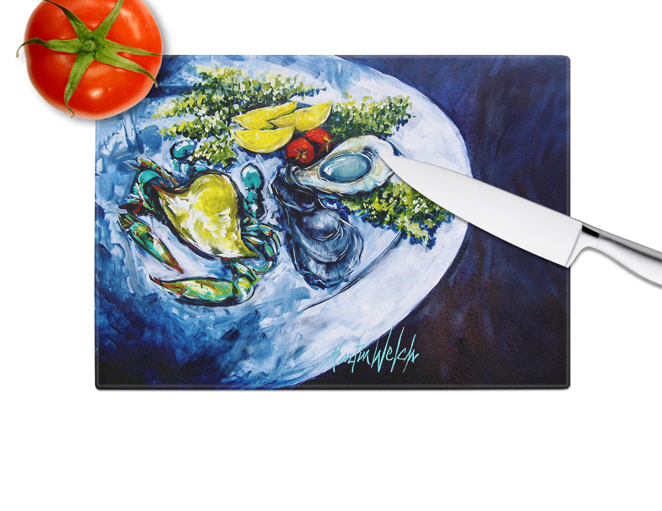 Oyster Plate Cutting Board Tempered Glass Kitchen Cutting Surface, Heat Resistant Chopping, Non-Slip Feet, Food Prep & Serving