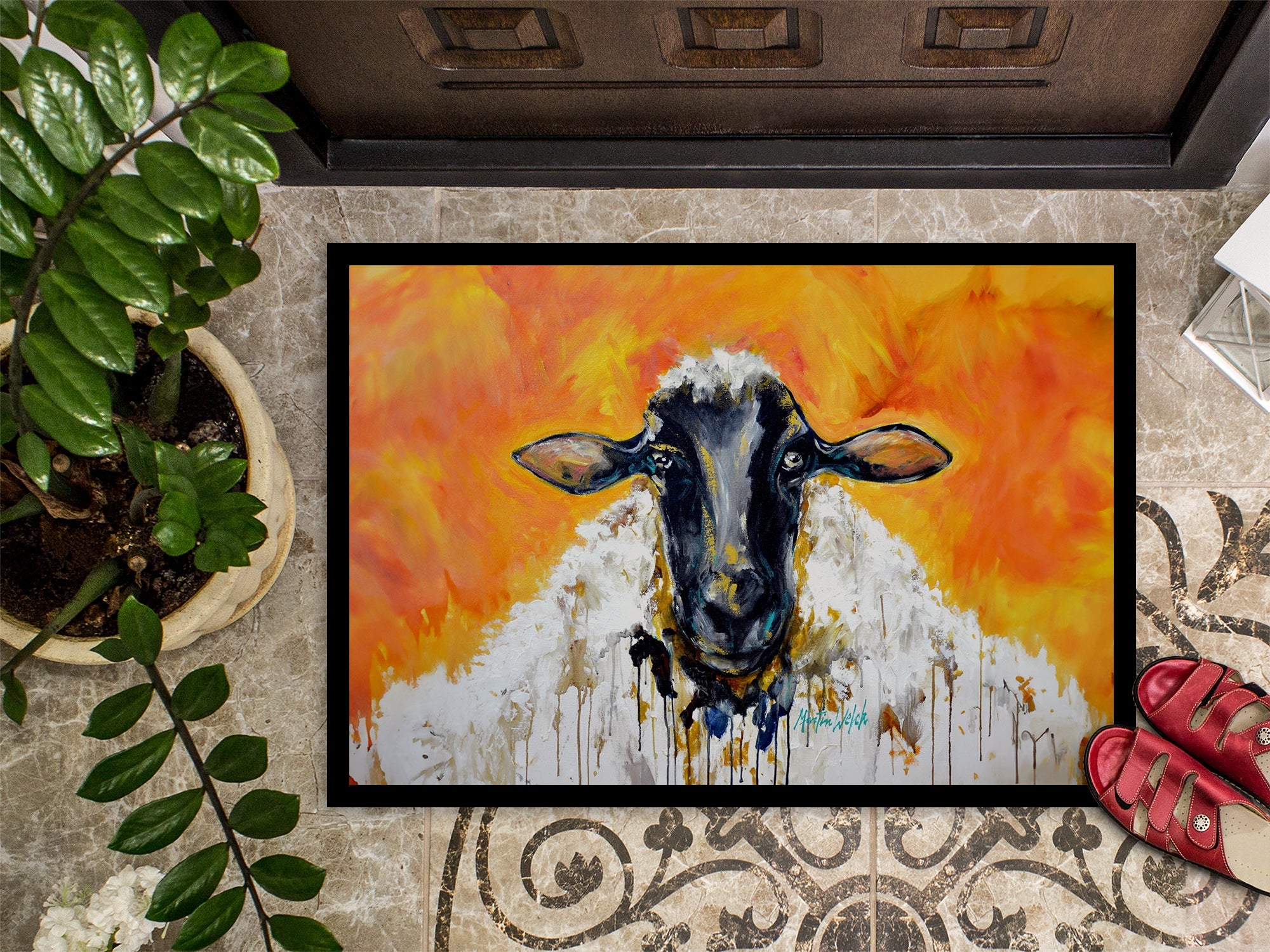 Peach Wool Sheep Doormat Indoor Outdoor 18H X 27W Front Door Mat Rugs for Entryway, Non Slip Washable