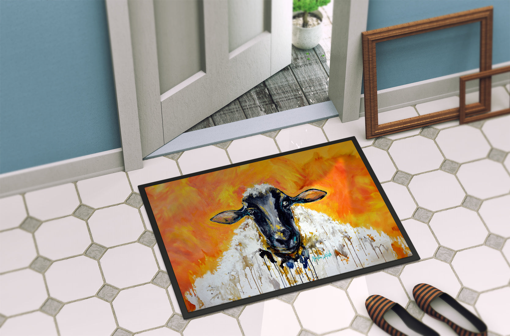 Peach Wool Sheep Doormat Indoor Outdoor 18H X 27W Front Door Mat Rugs for Entryway, Non Slip Washable