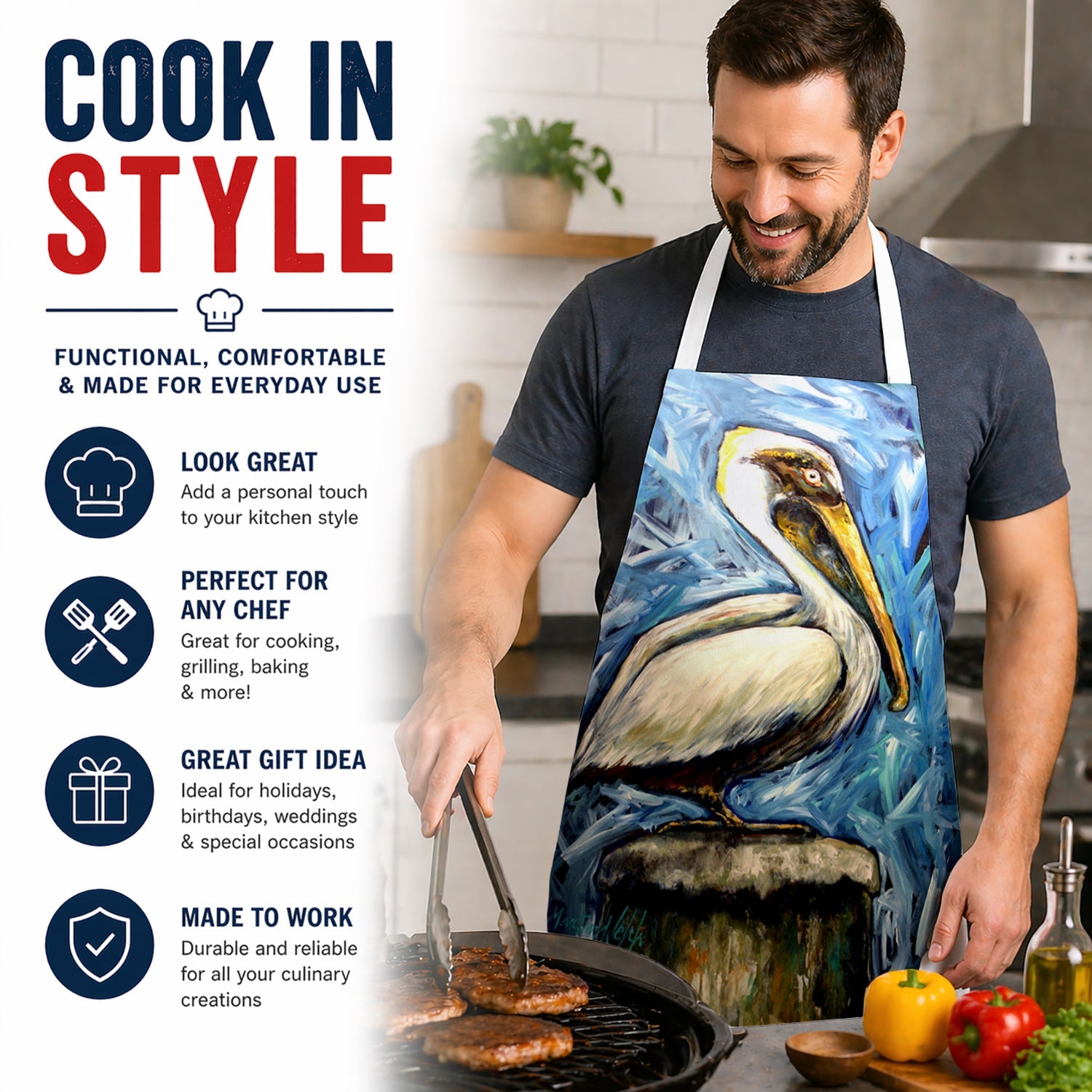 Pelican Blues Apron Cooking Kitchen Server Baking Crafts Gardening for Adult Women Men, Unisex, Large, Multicolor