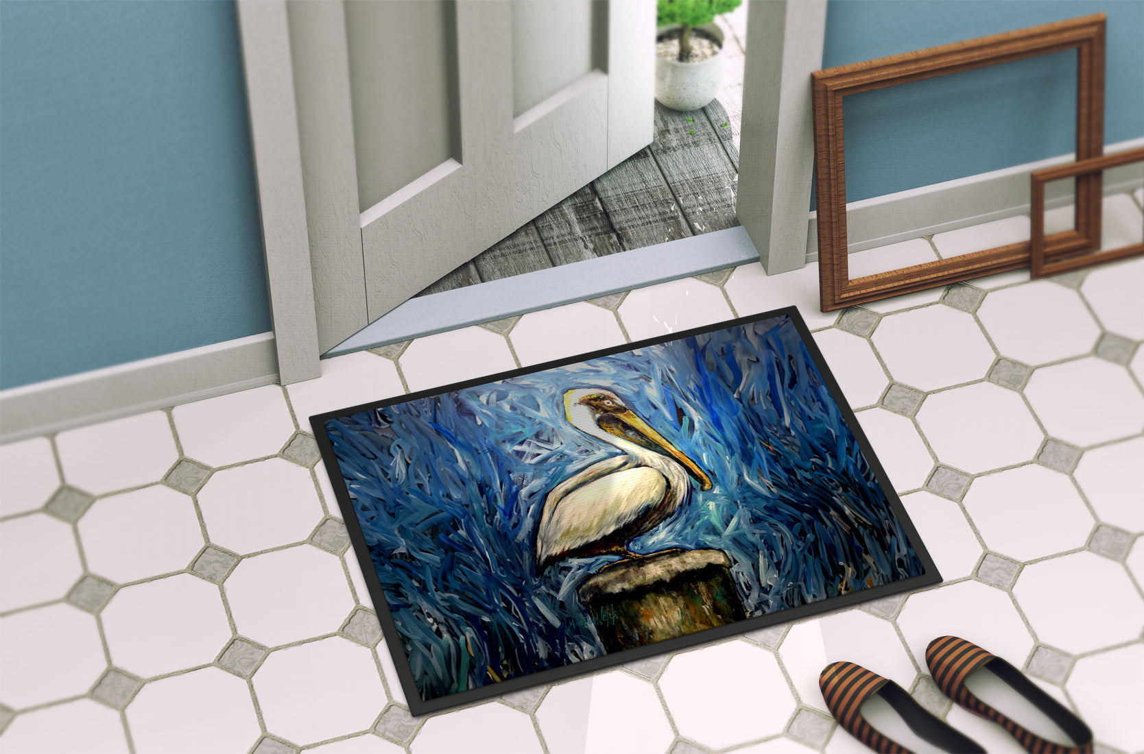Pelican Blues Doormat Indoor Outdoor 24H X 36W Front Door Mat Rugs for Entryway, Non Slip Washable Low Pile,