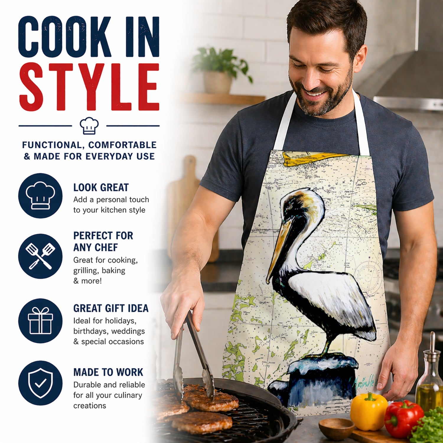 Pelican on Map Apron Cooking Kitchen Server Baking Crafts Gardening for Adult Women Men, Unisex, Large, Multicolor