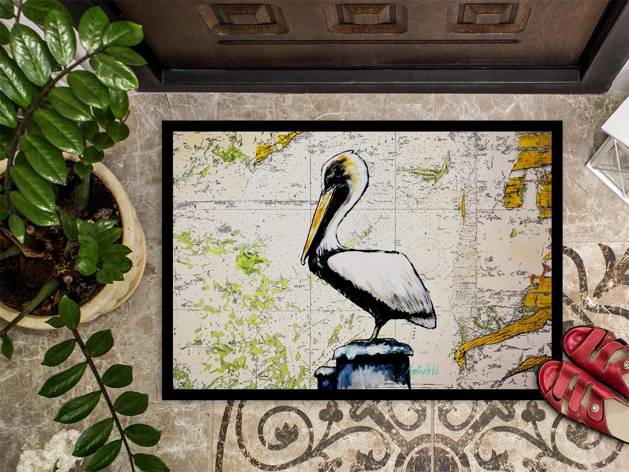 Pelican on Map Doormat Indoor Outdoor 24H X 36W Front Door Mat Rugs for Entryway, Non Slip Washable Low Pile,