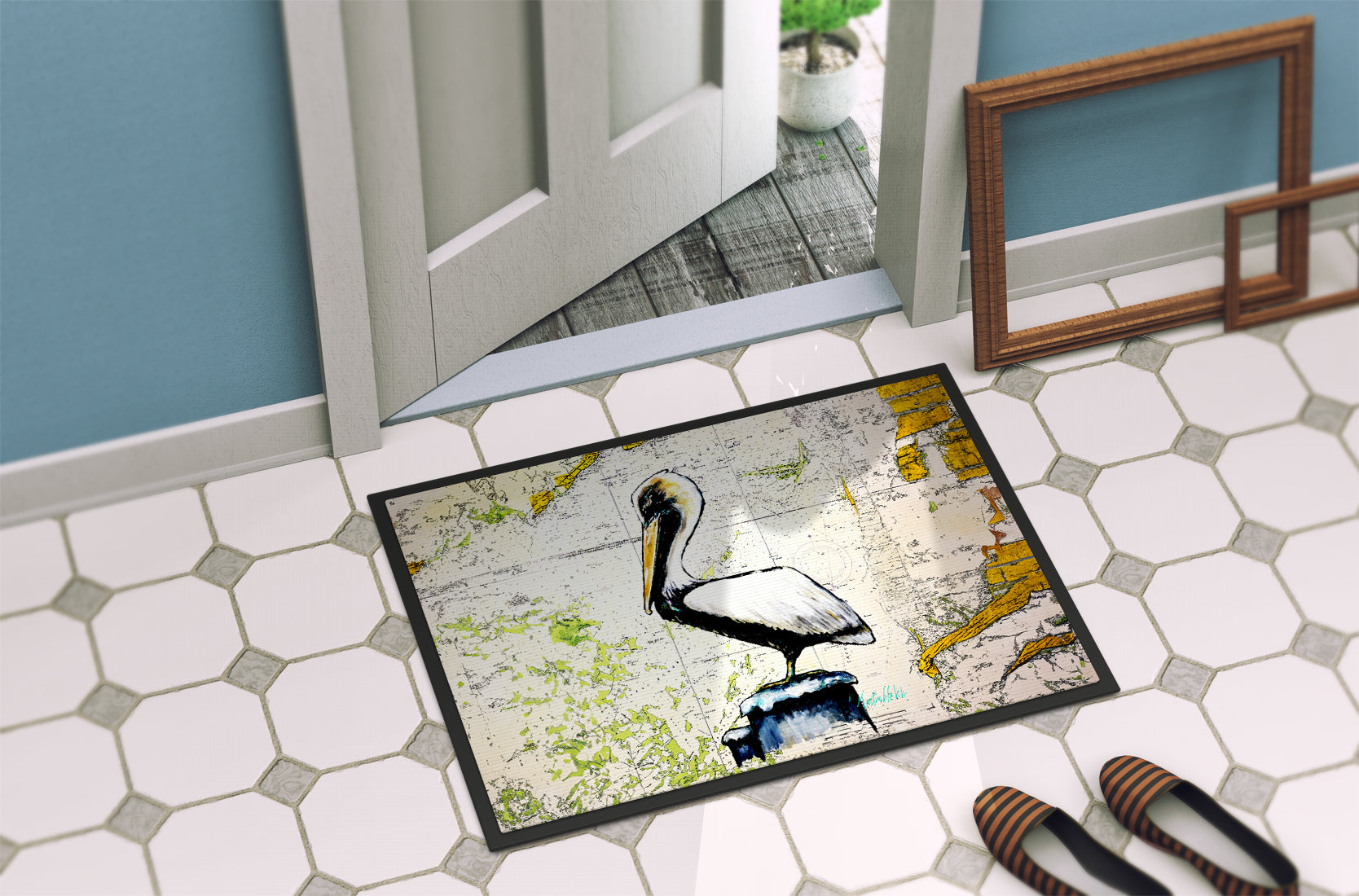 Pelican on Map Doormat Indoor Outdoor 24H X 36W Front Door Mat Rugs for Entryway, Non Slip Washable Low Pile,