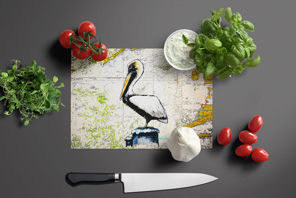 Pelican on Map Cutting Board Tempered Glass Kitchen Cutting Surface, Heat Resistant Chopping, Non-Slip Feet, Food Prep & Serving