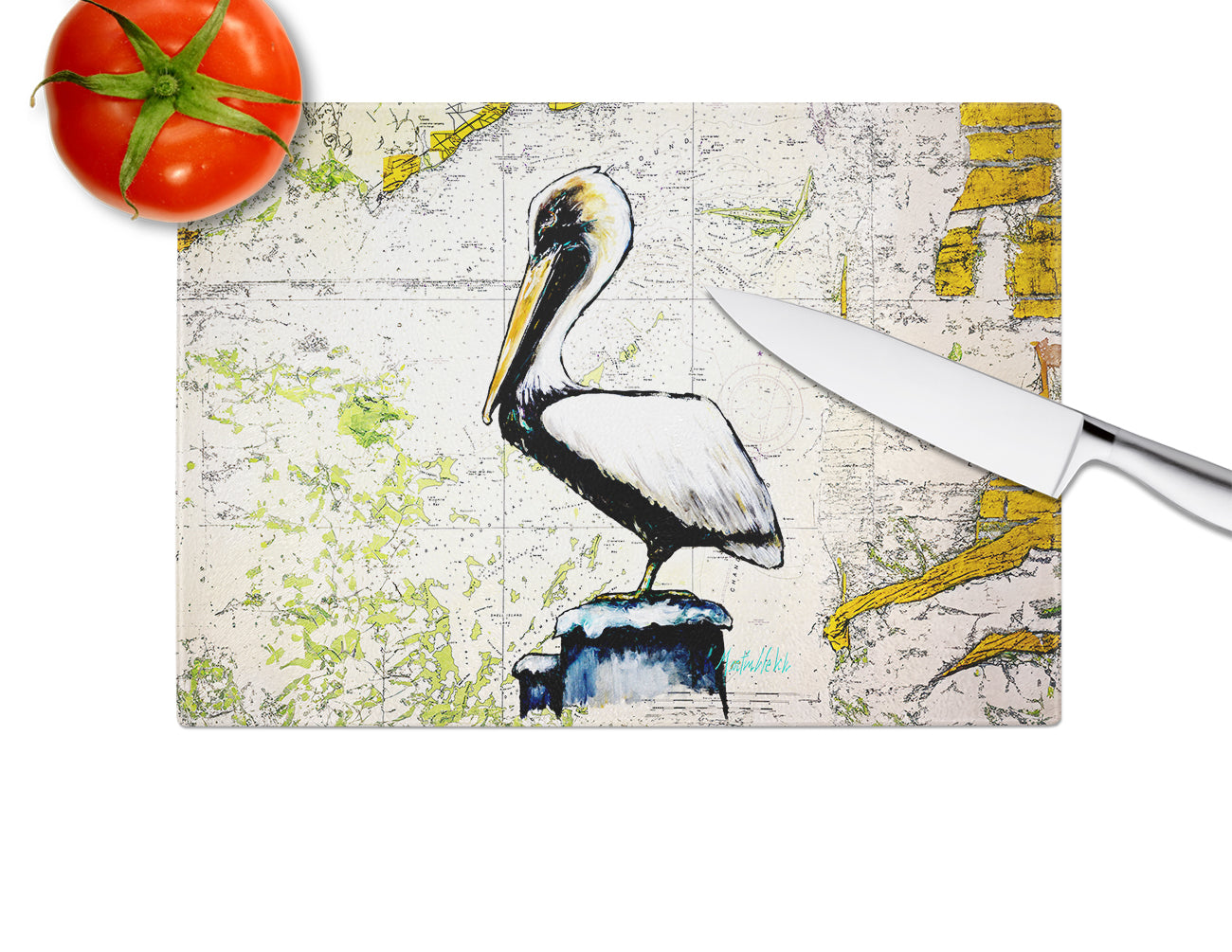Pelican on Map Cutting Board Tempered Glass Kitchen Cutting Surface, Heat Resistant Chopping, Non-Slip Feet, Food Prep & Serving