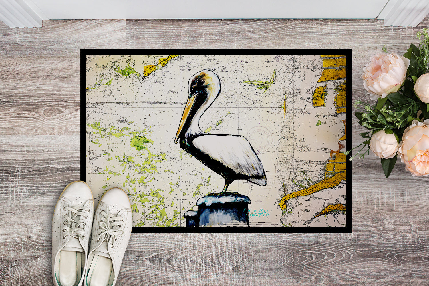 Pelican on Map Doormat Indoor Outdoor 18H X 27W Front Door Mat Rugs for Entryway, Non Slip Washable