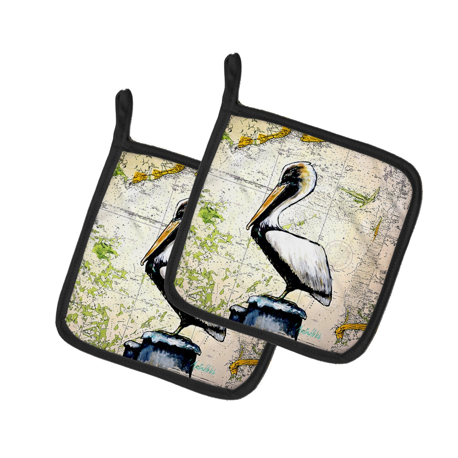 Pelican on Map Pot Holder Set of 2 Heat Resistant Quilted Hot Pads 7.5 x 7.5 Inch, Insulated Kitchen Trivets for Cooking & Baking