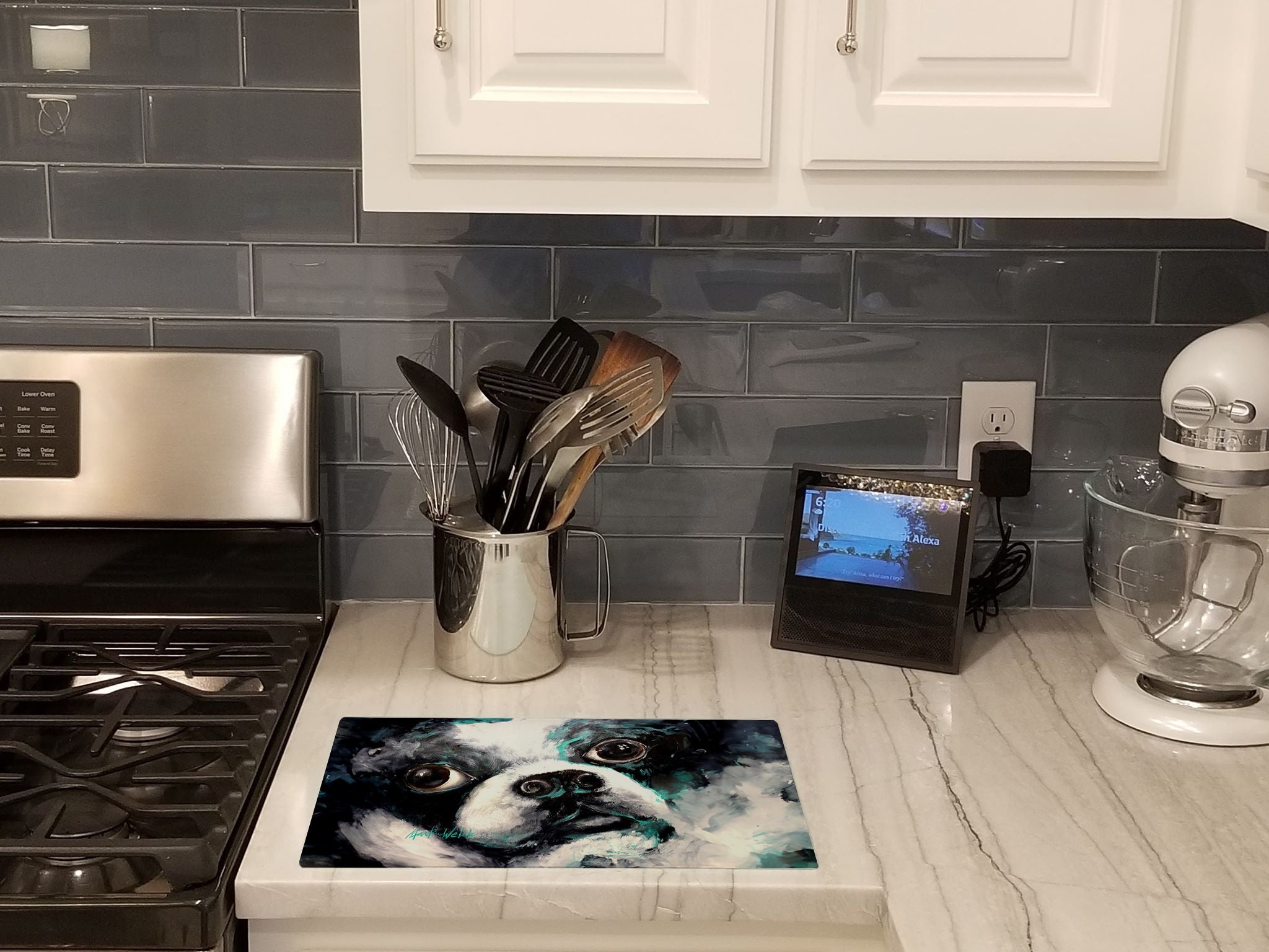 Boston Terrier Pretty Please Cutting Board Tempered Glass Kitchen Cutting Surface, Heat Resistant Chopping, Non-Slip Feet, Food Prep & Serving