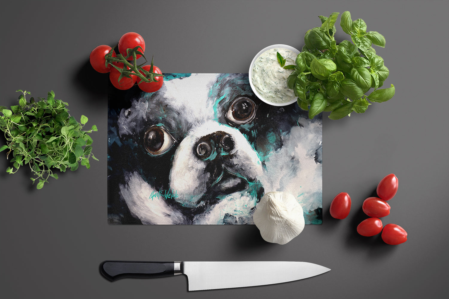 Boston Terrier Pretty Please Cutting Board Tempered Glass Kitchen Cutting Surface, Heat Resistant Chopping, Non-Slip Feet, Food Prep & Serving