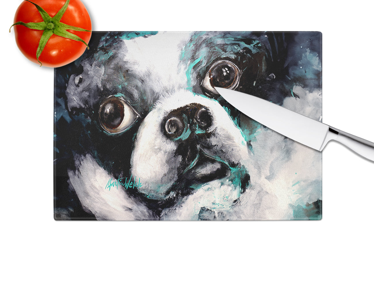Boston Terrier Pretty Please Cutting Board Tempered Glass Kitchen Cutting Surface, Heat Resistant Chopping, Non-Slip Feet, Food Prep & Serving