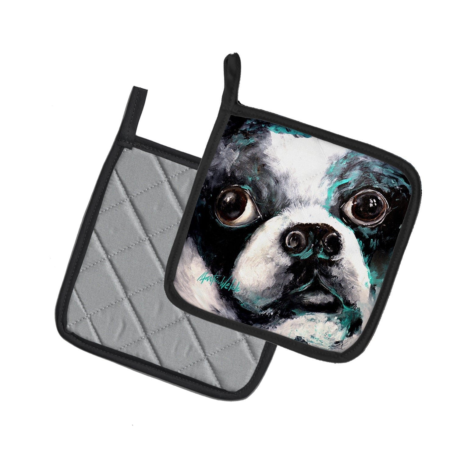 Boston Terrier Pretty Please Pot Holder Set of 2 Heat Resistant Quilted Hot Pads 7.5 x 7.5 Inch, Insulated Kitchen Trivets for Cooking & Baking