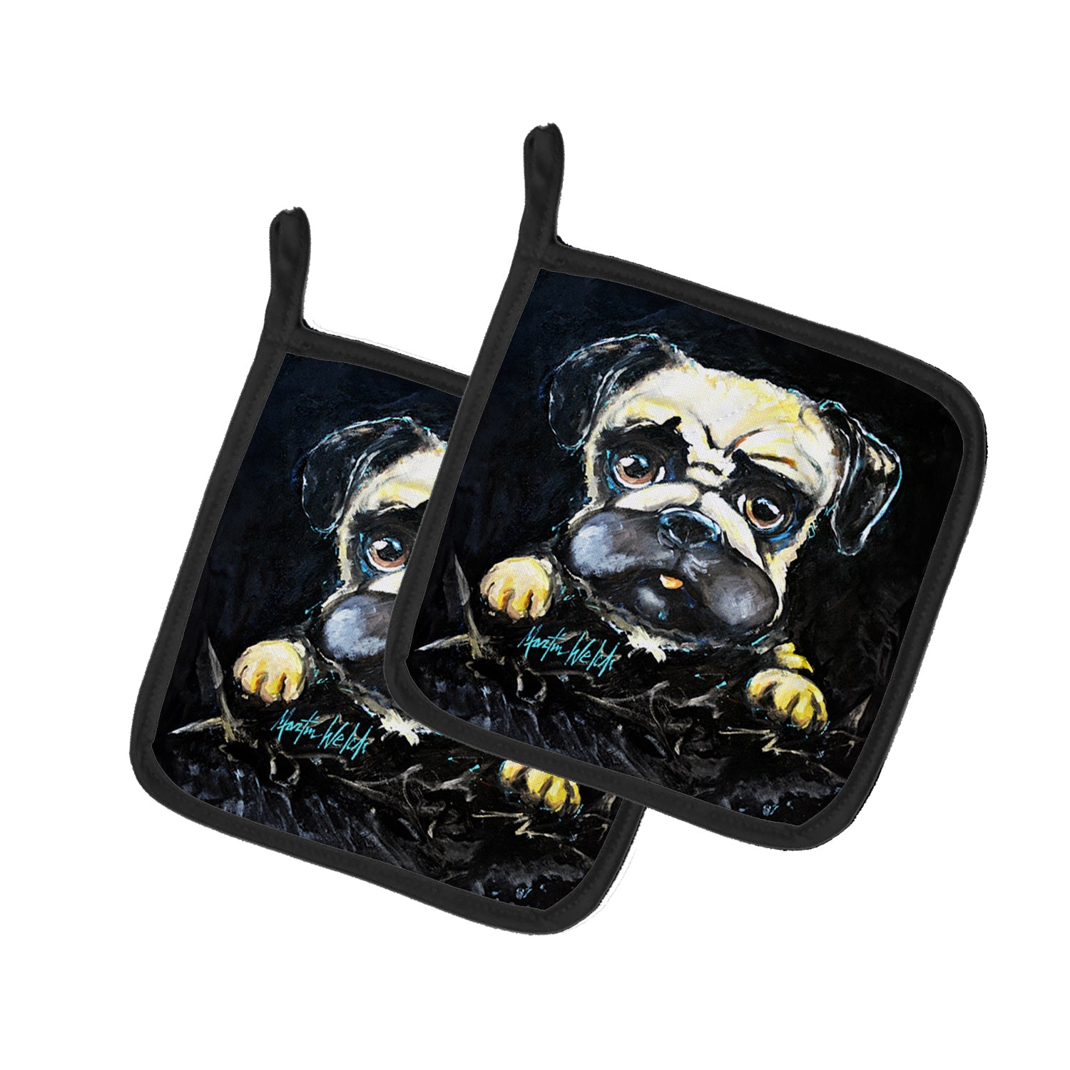 Pug It Out Pot Holder Set of 2 Heat Resistant Quilted Hot Pads 7.5 x 7.5 Inch, Insulated Kitchen Trivets for Cooking & Baking