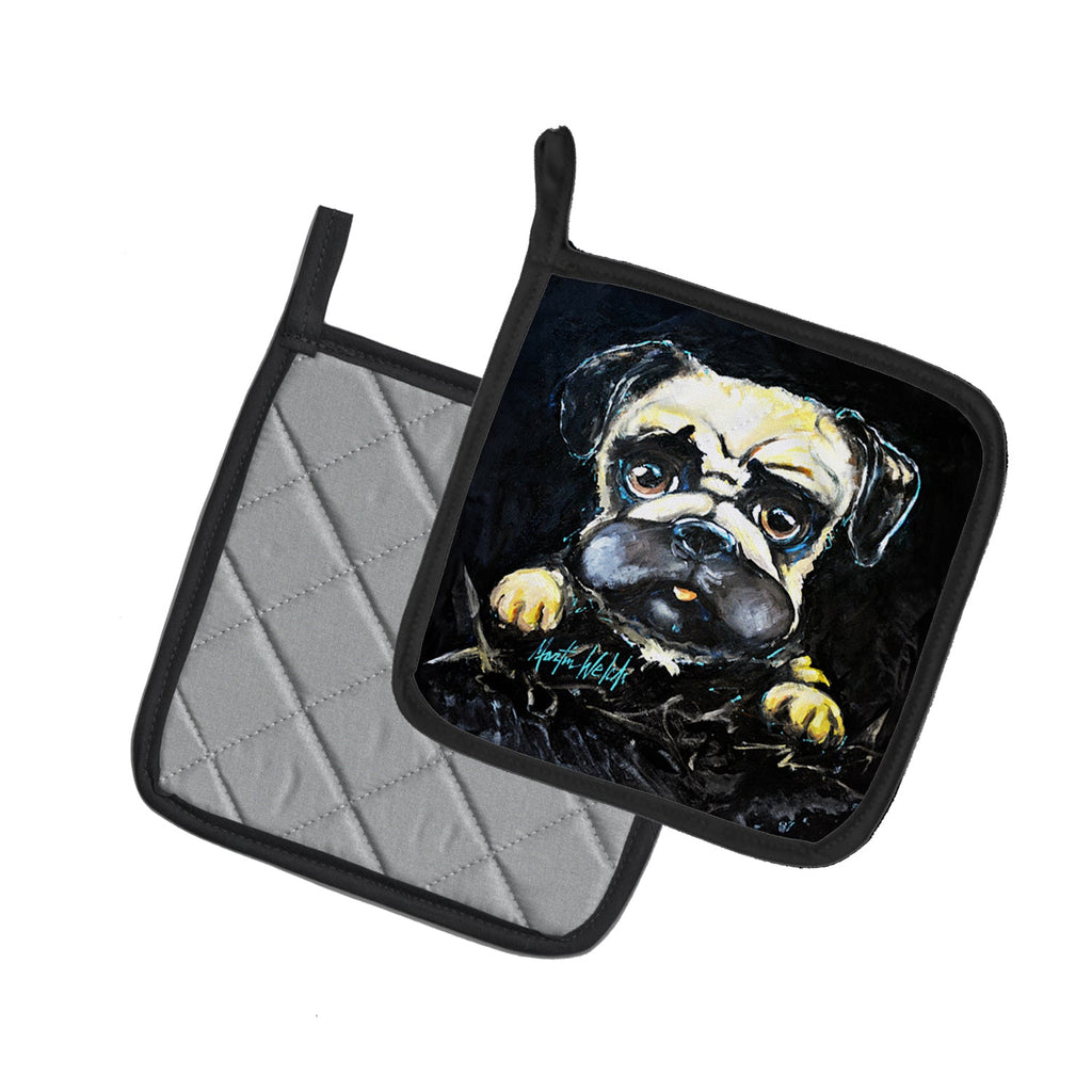 Pug It Out Pot Holder Set of 2 Heat Resistant Quilted Hot Pads 7.5 x 7.5 Inch, Insulated Kitchen Trivets for Cooking & Baking