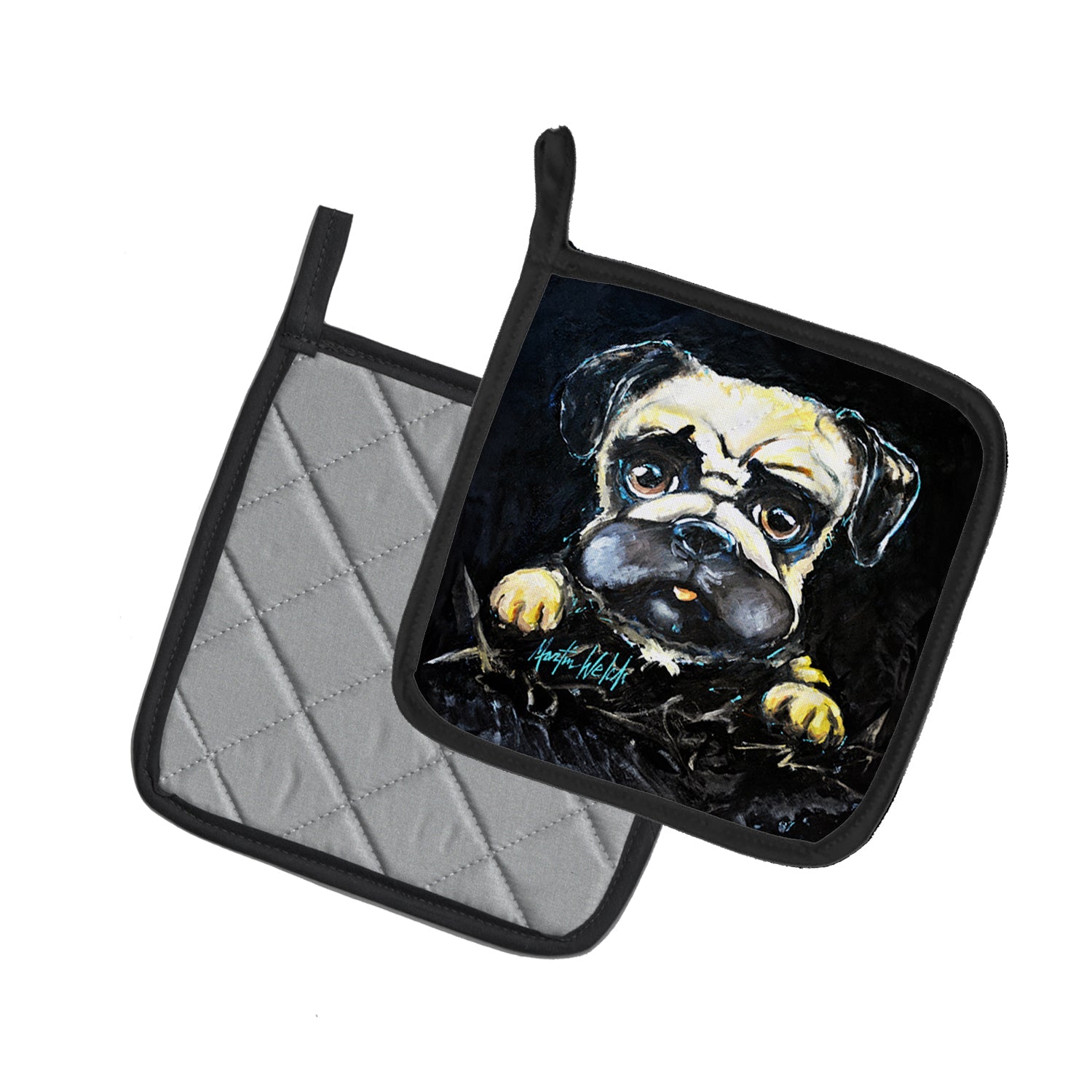 Pug It Out Pot Holder Set of 2 Heat Resistant Quilted Hot Pads 7.5 x 7.5 Inch, Insulated Kitchen Trivets for Cooking & Baking