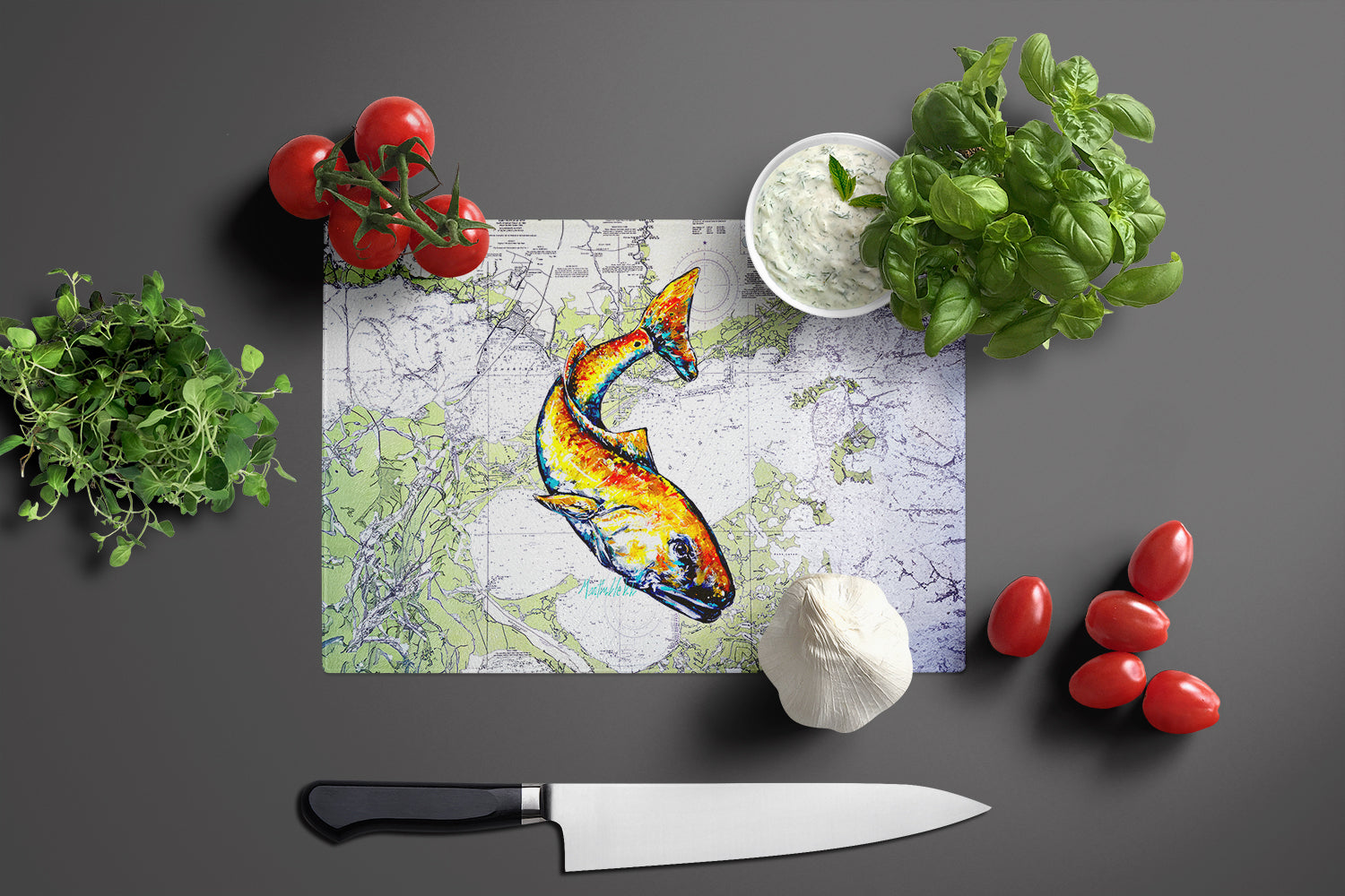 Red Fish On Map Cutting Board Tempered Glass Kitchen Cutting Surface, Heat Resistant Chopping, Non-Slip Feet, Food Prep & Serving